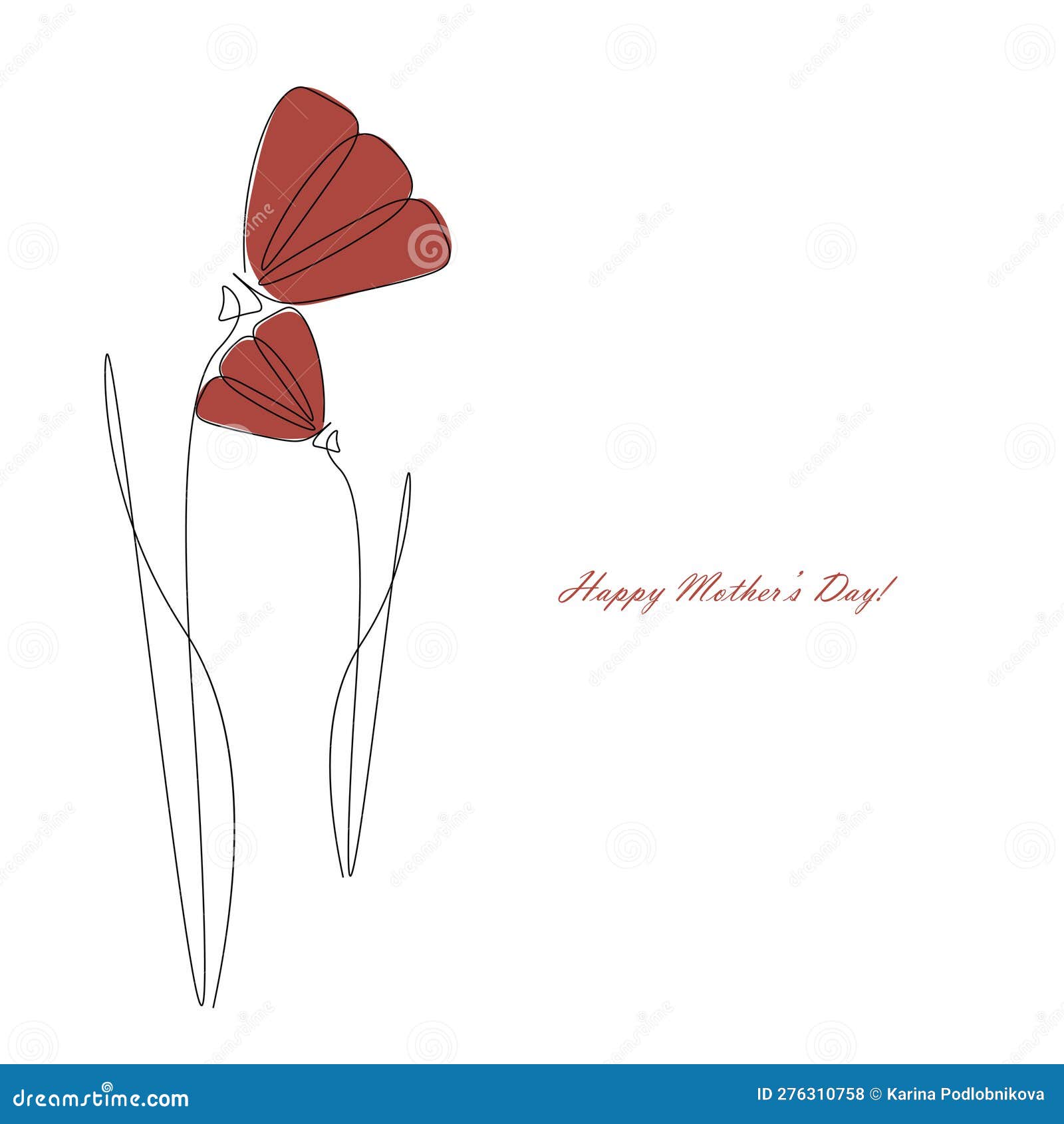Happy Mothers Day Card with Flowers Line Drawing, Vector Illustration ...