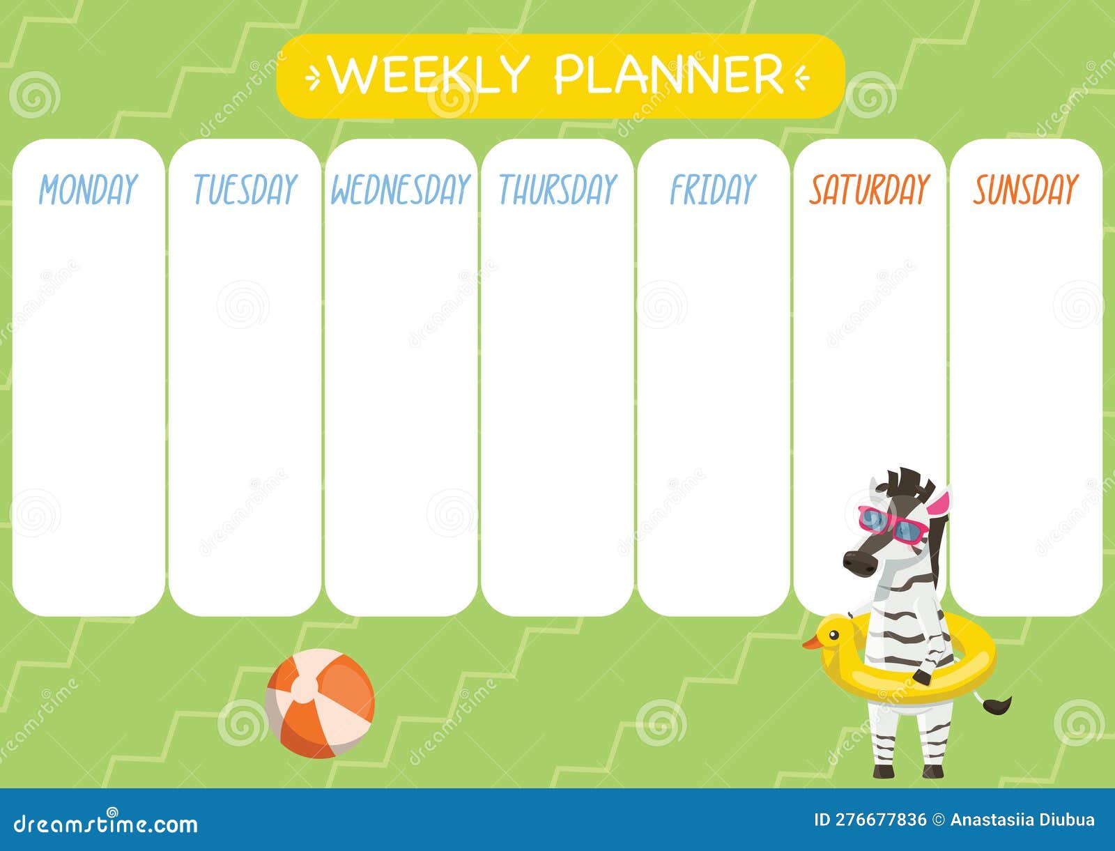 childishly cute week planner. horizontal. with cute zebra, inflatable swim ring and ball.