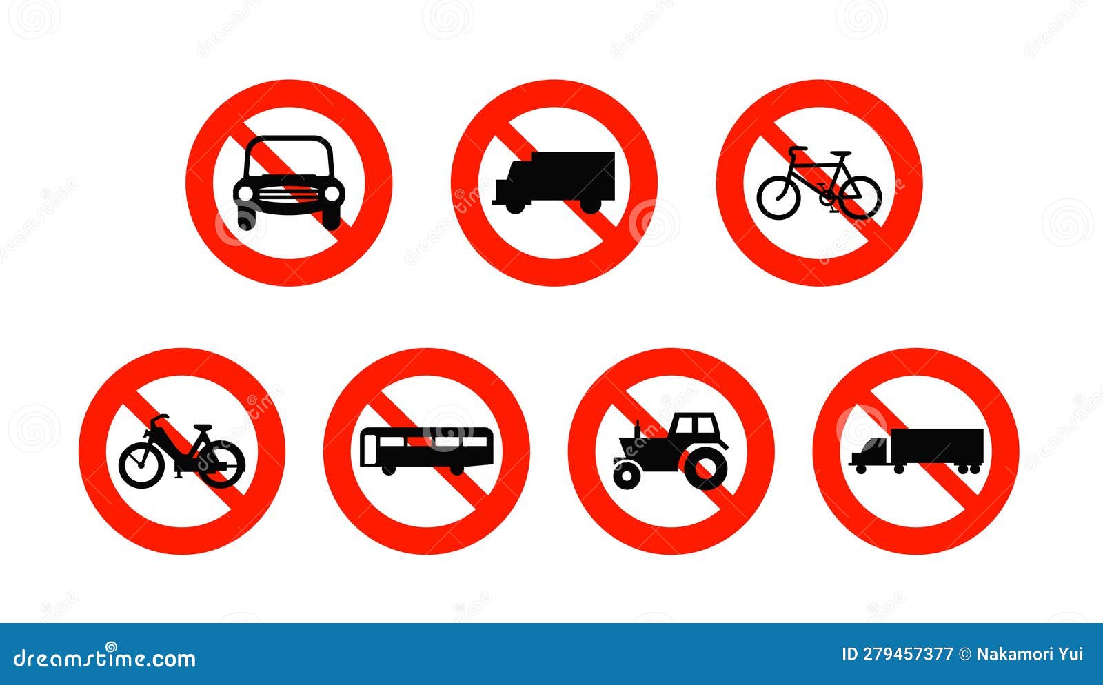 Set of No Vehicle. Red Prohibited Sign. Ban Automobile. Prohibition Vehicle. Stop Car. Stock
