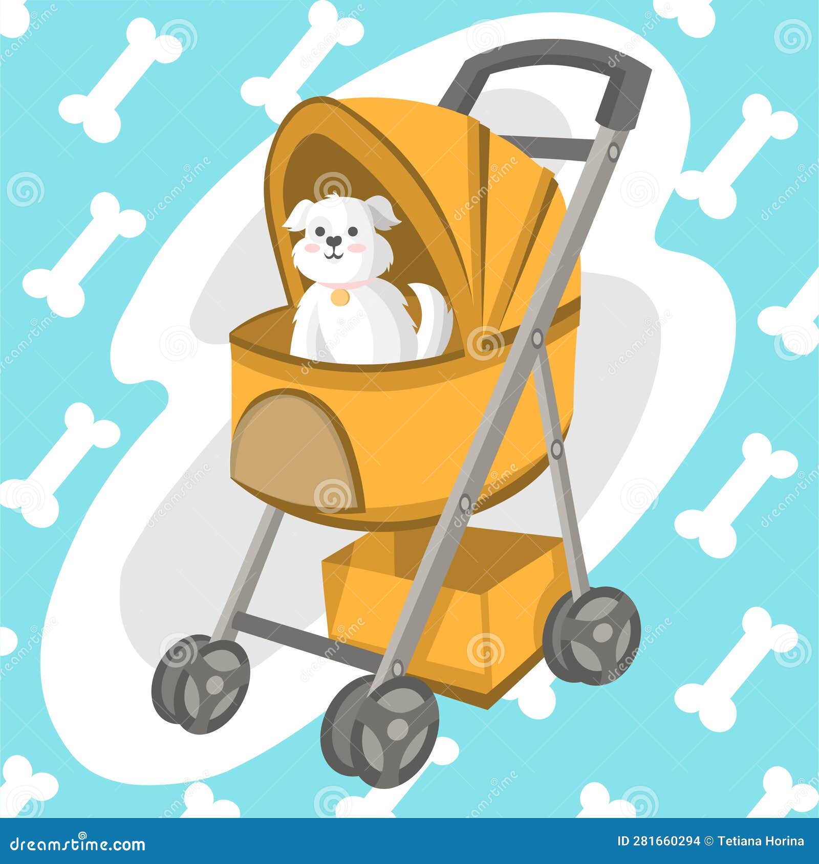 white fluffy little puppy in yellow stroller for dogs with blue background with bones pattern -  image