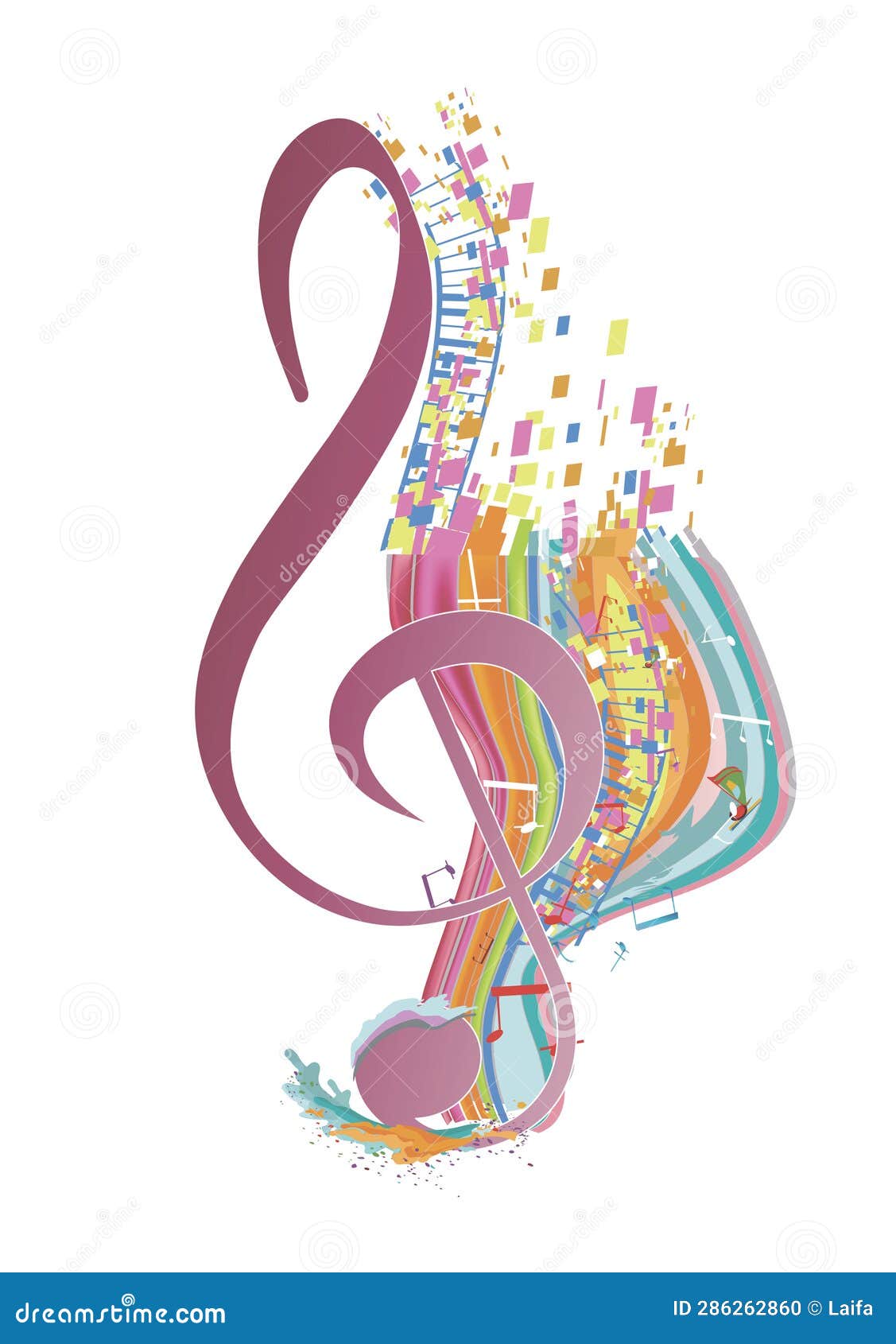 Abstract Musical Design with a Treble Clef and Colorful Splashes, Notes