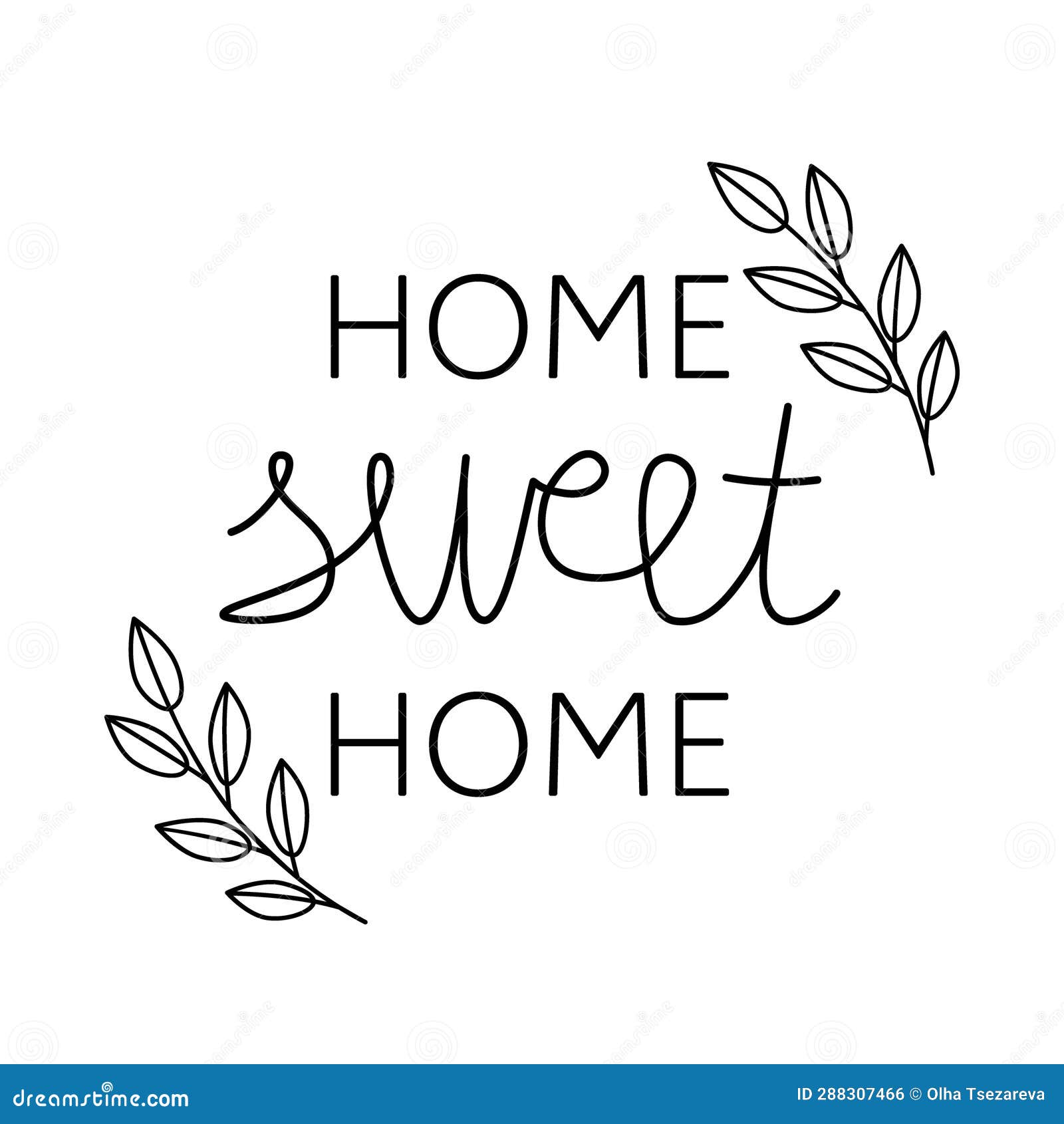 Home Sweet Home Phrase with Decorative Leaves on White Background Stock