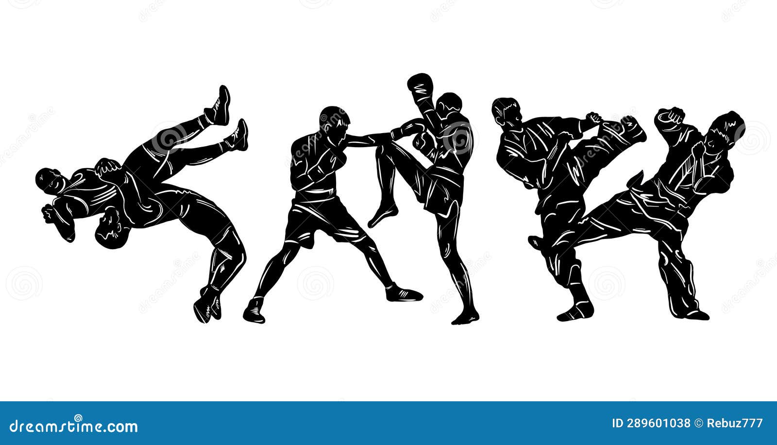 Kickboxing, Mma And Muay Thai Kicks And Punches Vector Illustration