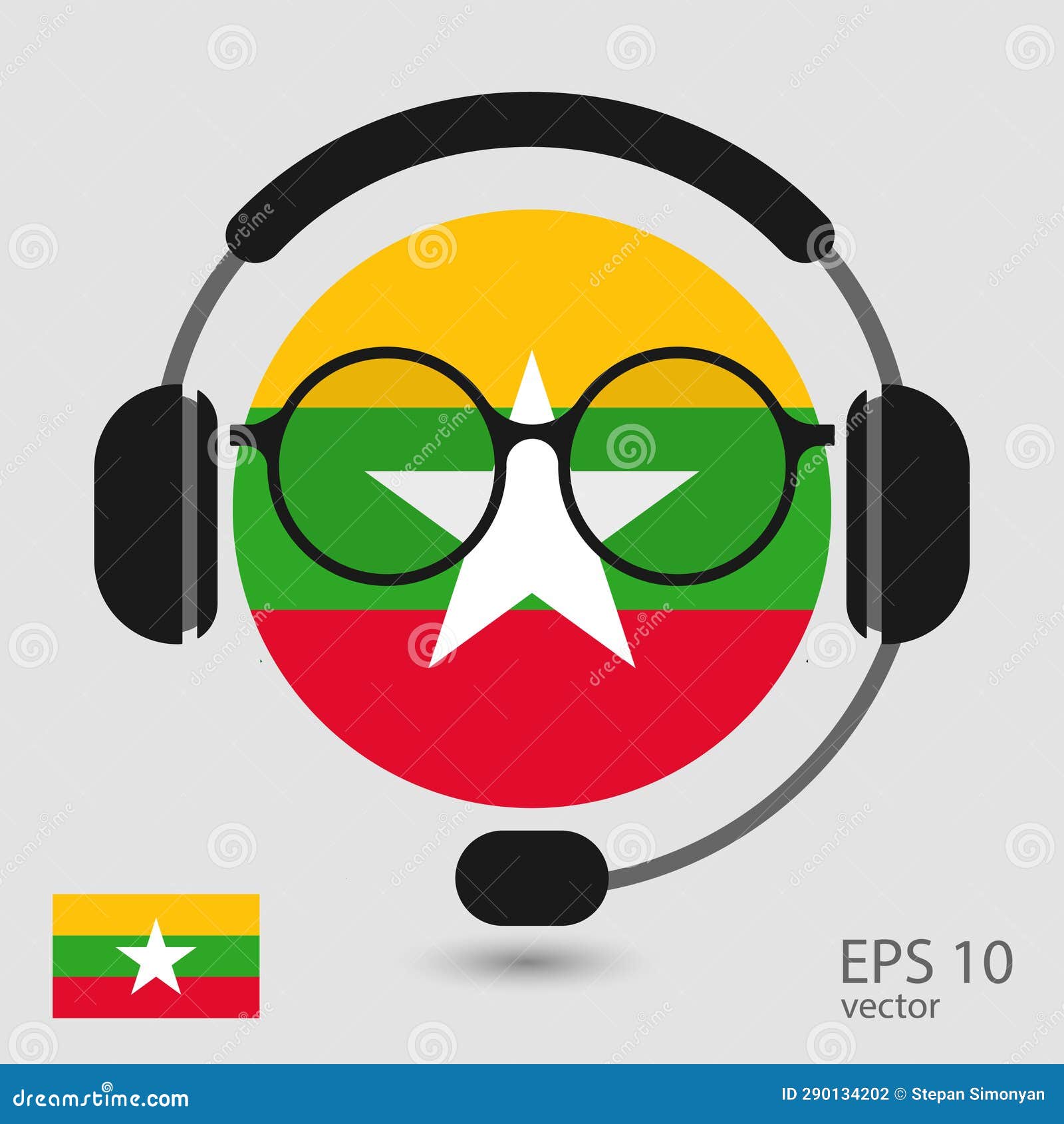 Vector Flag of Myanmar with Headphones and Glasses, Vector Illustration