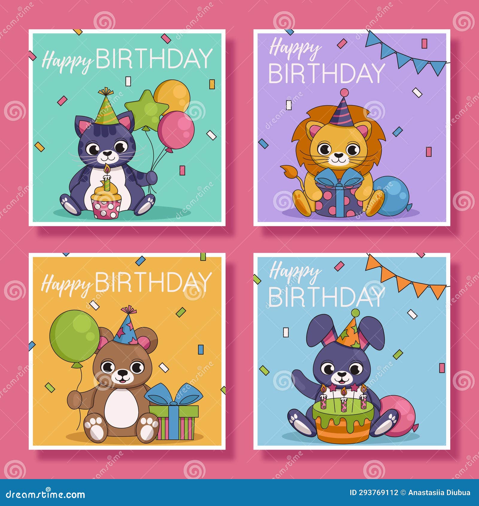 Holiday Birthday Cards with Cute Animals. 4 Square Pieces Stock Vector