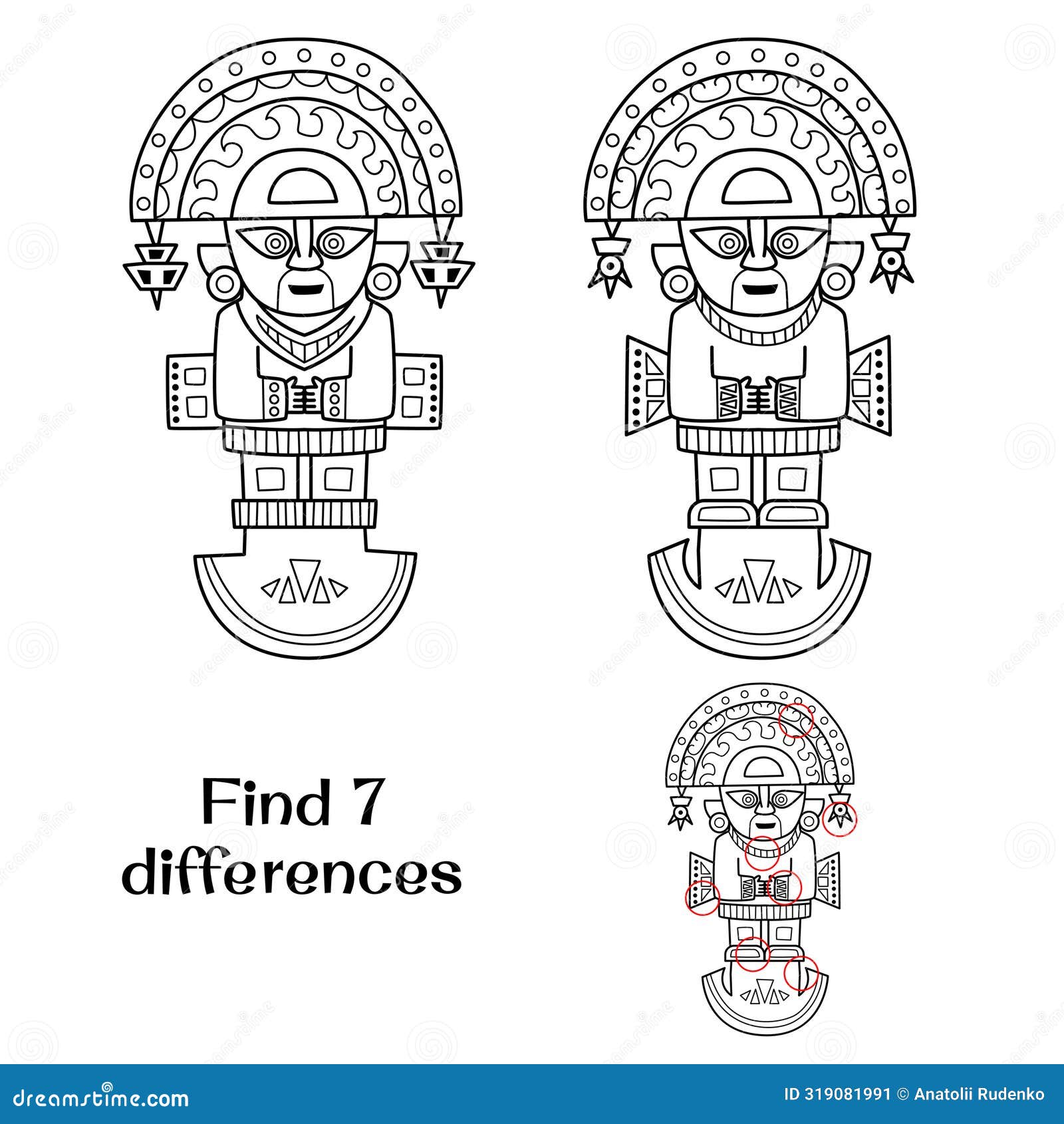 Ancient Idol of the Inca Gods. Find 7 Differences. Stock Vector