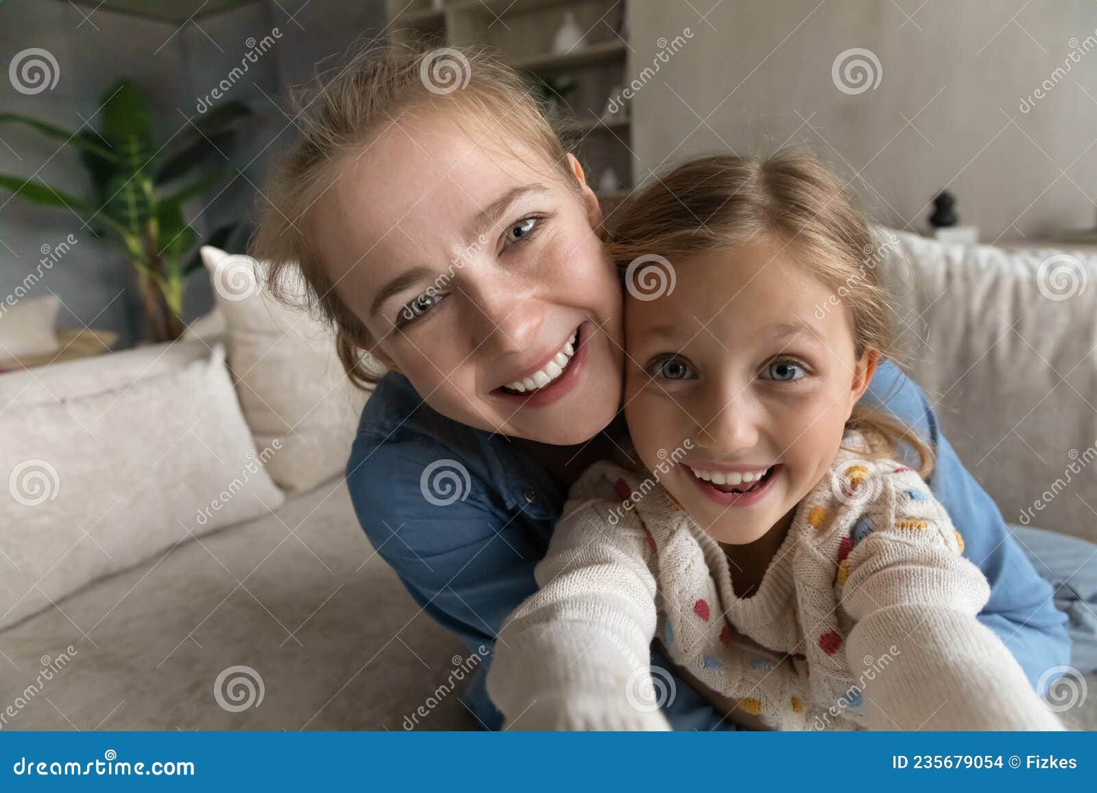 Web Camera View Young Mother and Small Girl Recording Video. Stock ...