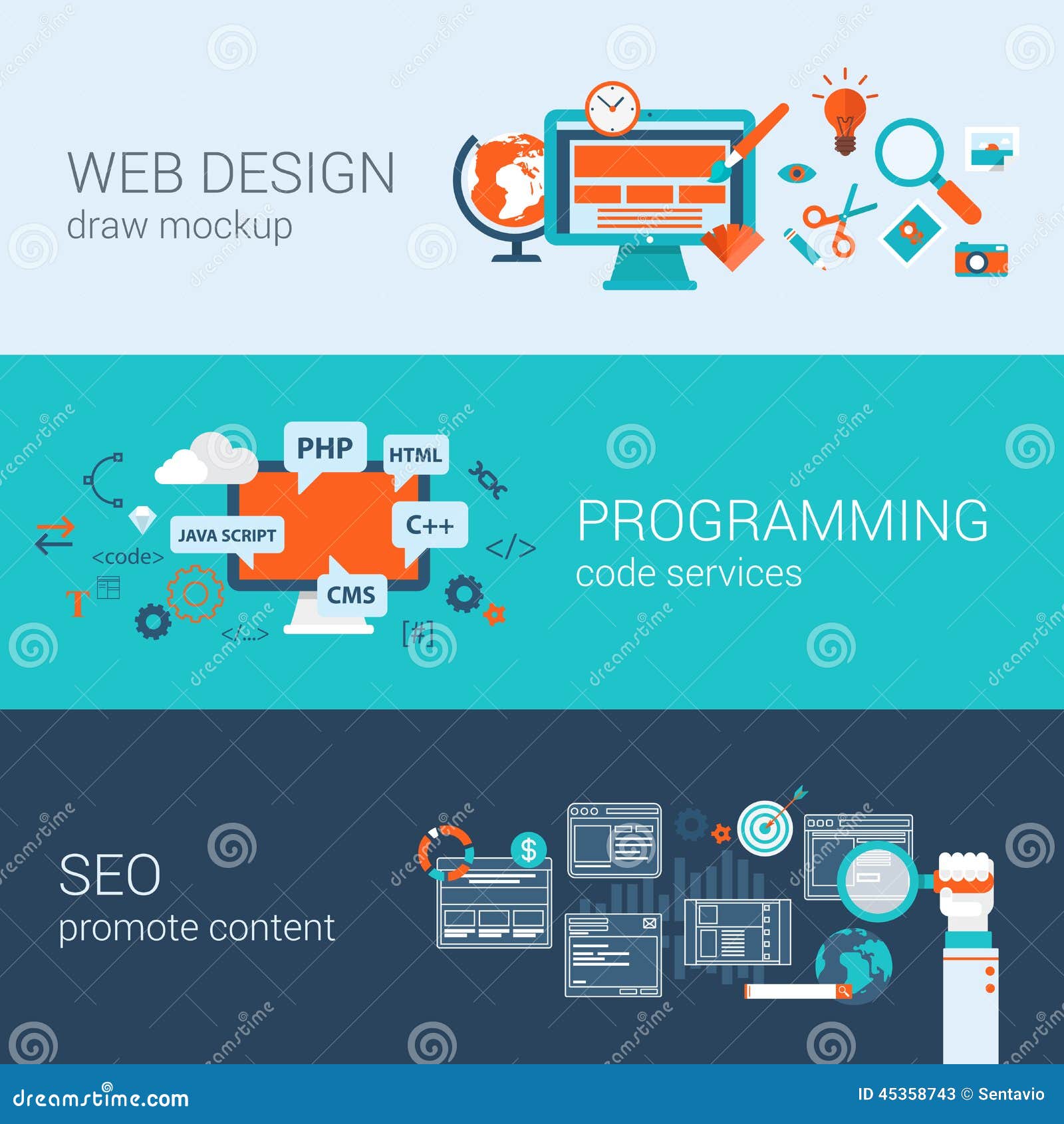 web  programming seo concept flat web banners set 