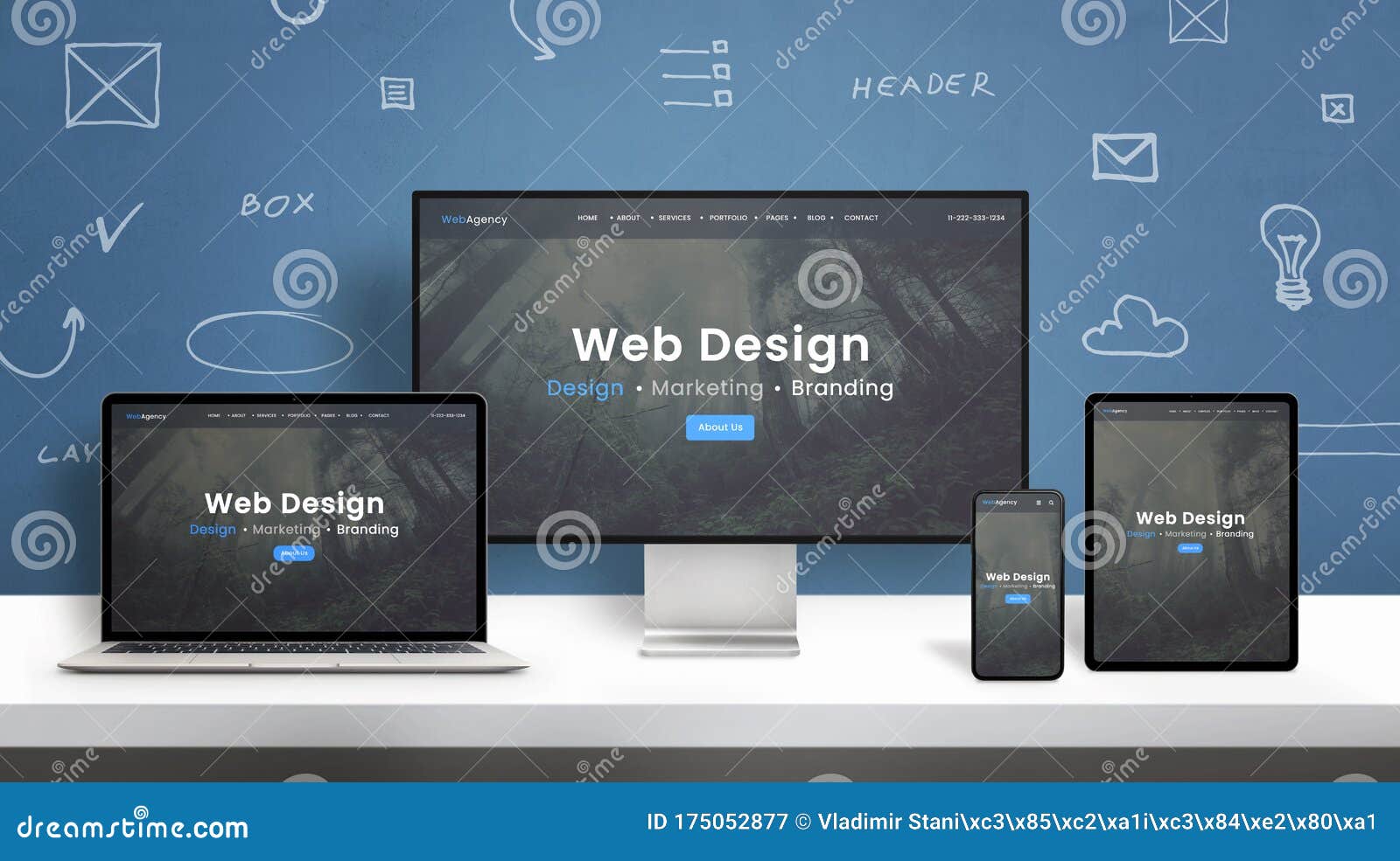 web  studio web site responsive  presentation on computer display, laptop, smart phone and tablet