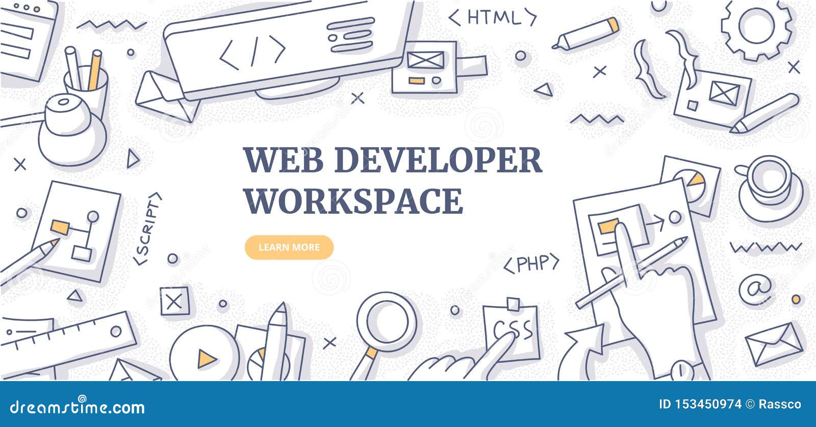 web developer workspace doodle background concept