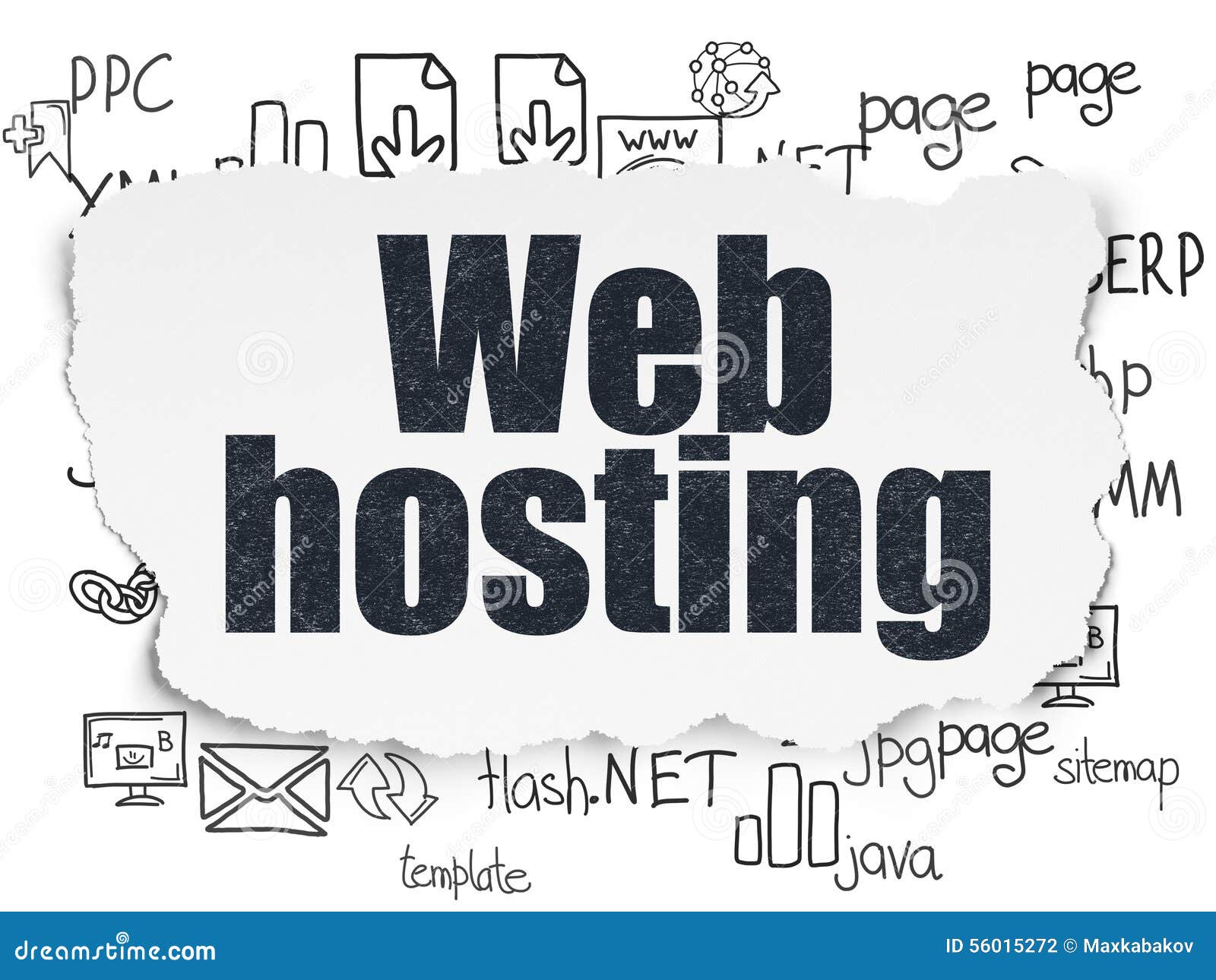 web development concept: web hosting on torn paper