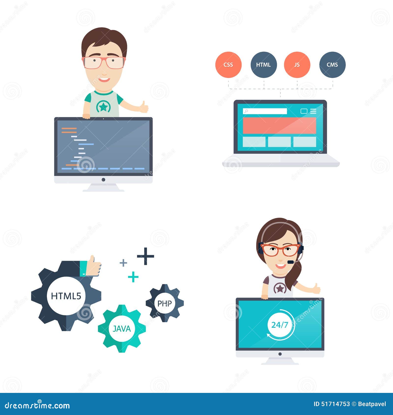 A set of illustrations on information technology. Web development