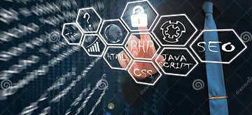 Web Development Tools Concept on Virtual Screen. Programming Language ...