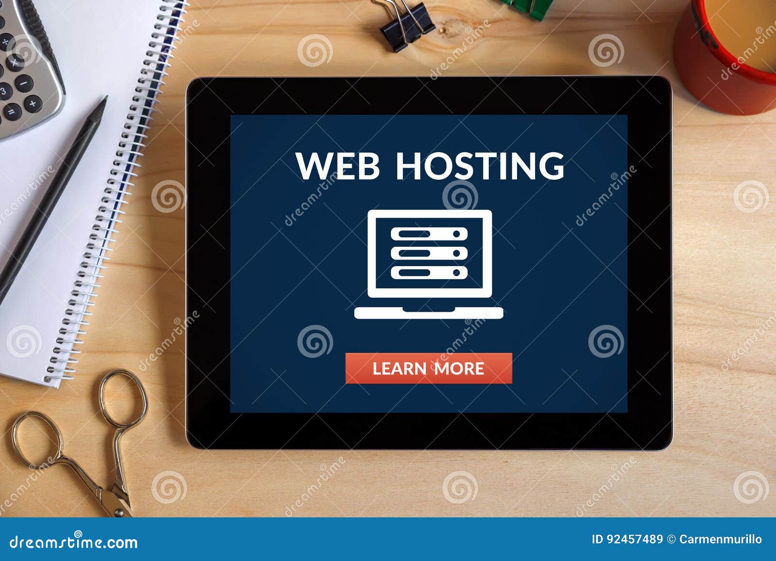  Hosting Concept on Tablet Screen with Office Objects Stock Image