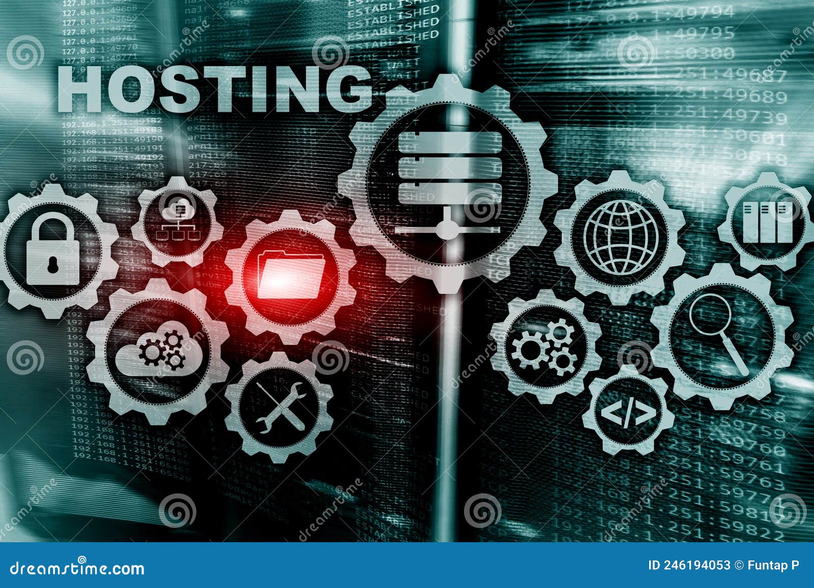 web hosting technology internet and networking concept. on server room background. virual screen