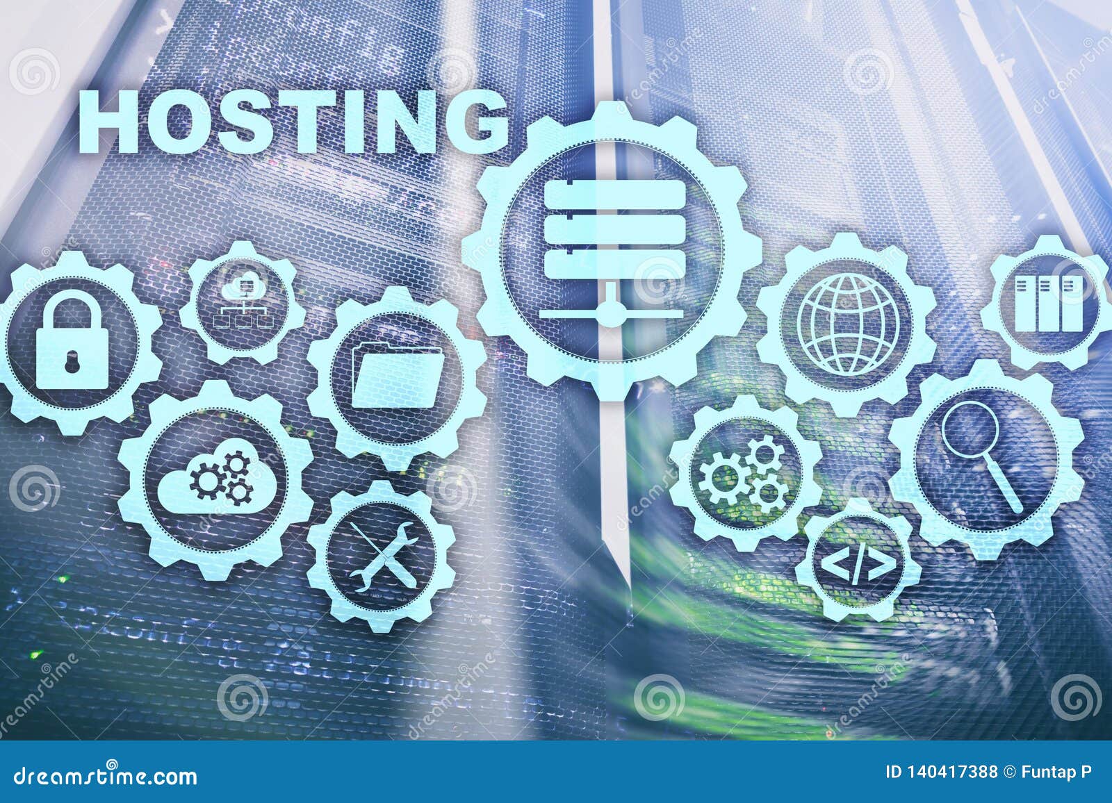 web hosting technology internet and networking concept. on server room background. virual screen.