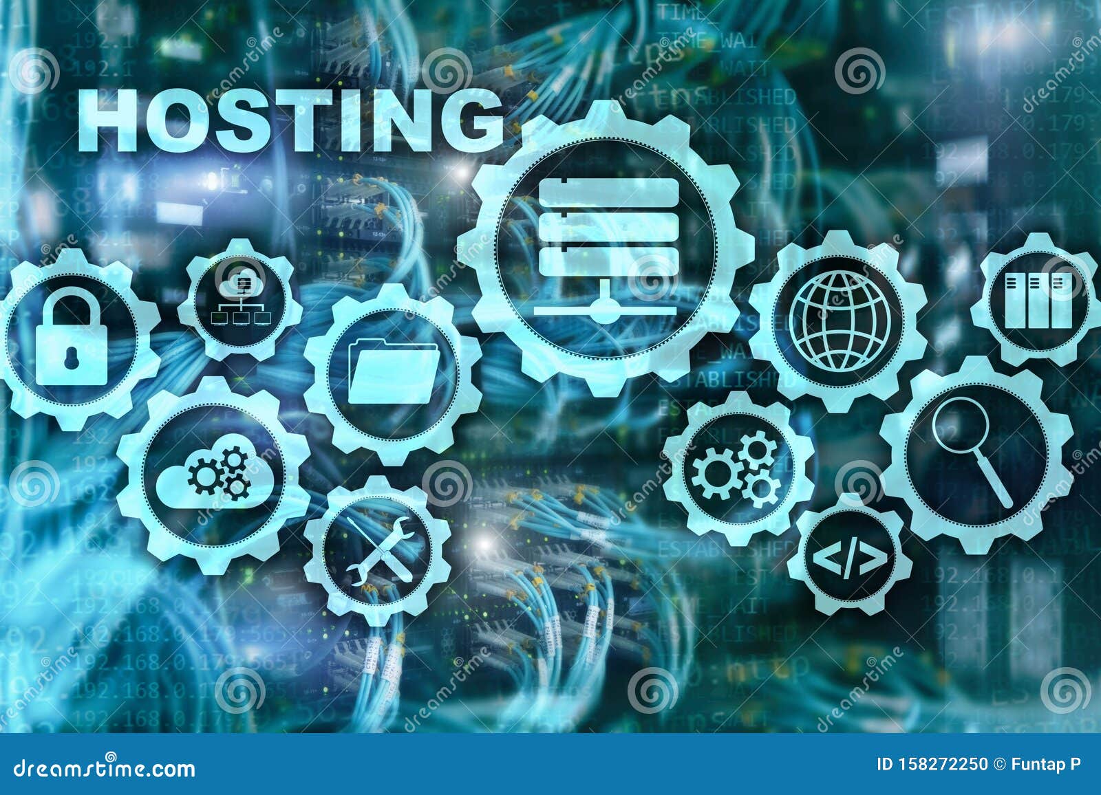 web hosting technology internet and networking concept. on server room background. virual screen