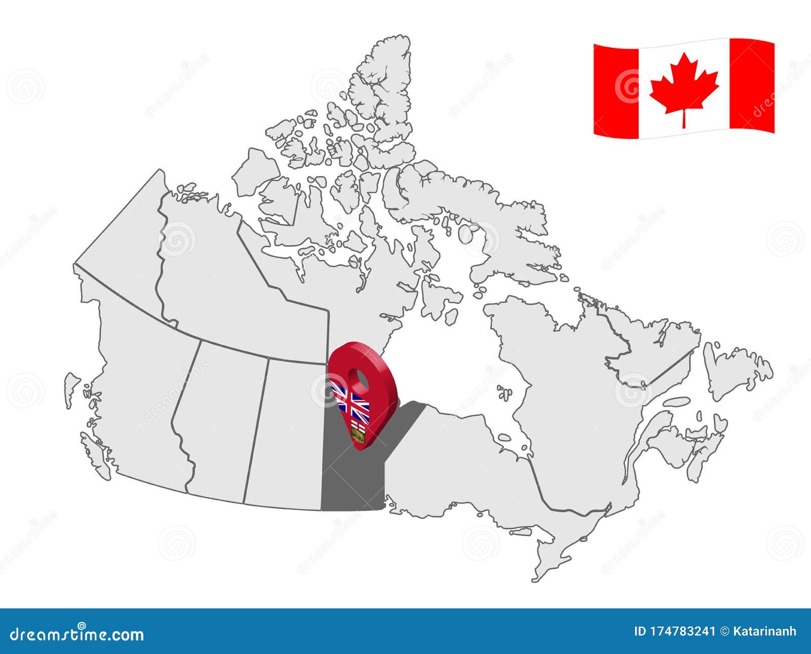 location of  manitoba on map canada. 3d manitoba location sign. flag of manitoba province.