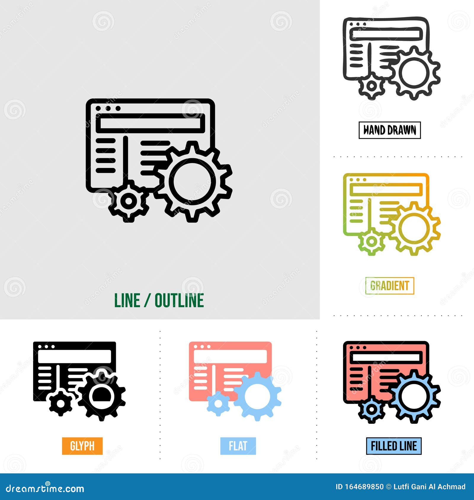 web management icon in six different styles, based on outline style, seo icon set, 