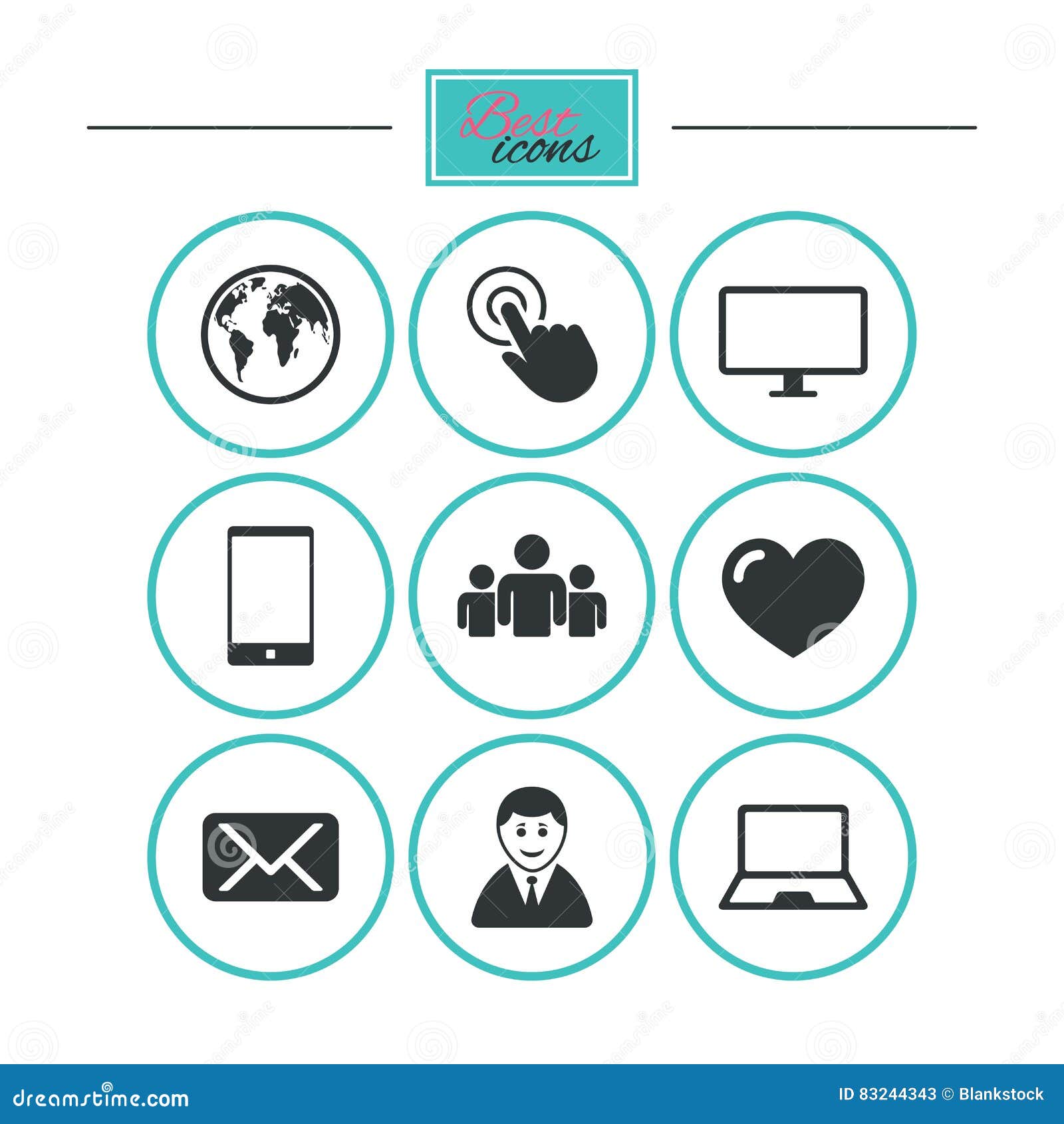 Web, Mobile Devices Icons. Share, Mail Signs. Stock Vector