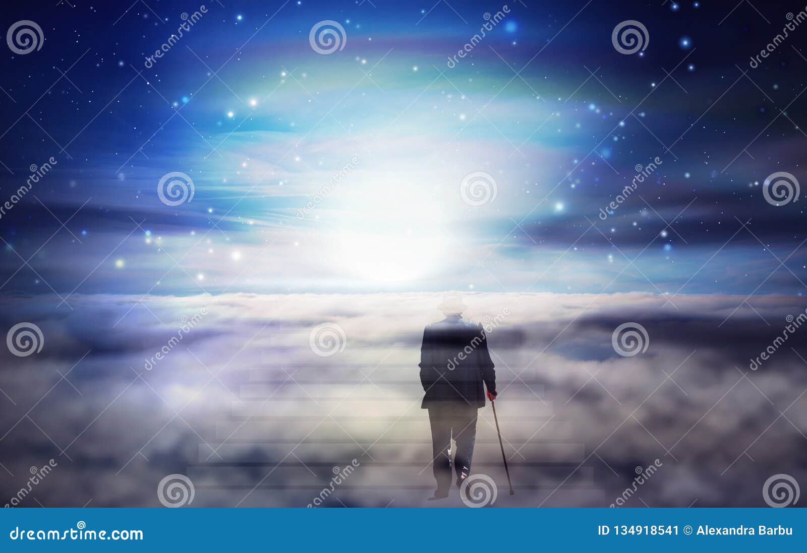 old man soul journey, bright light from heaven, way, path to god