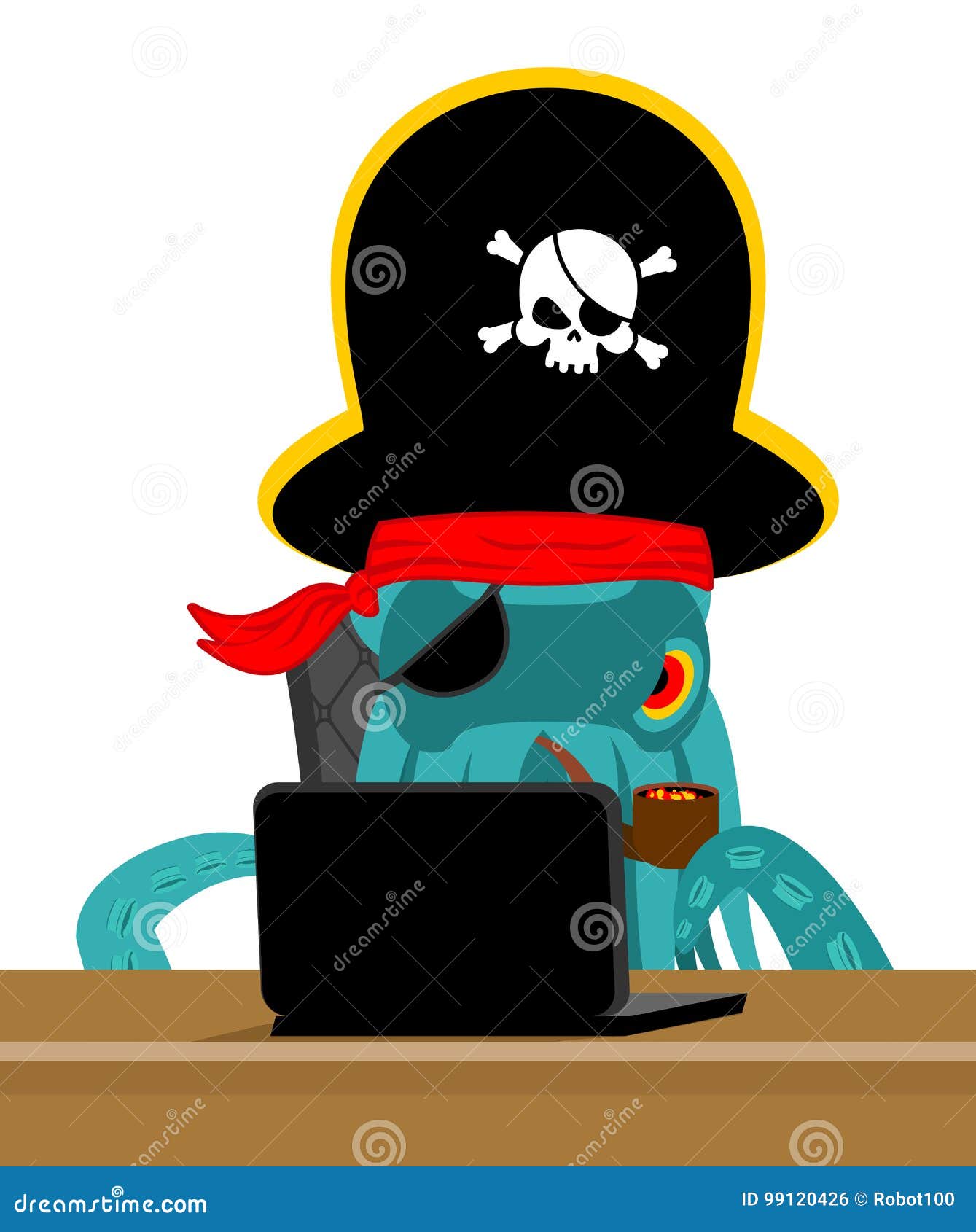 Web Pirate Octopus and Laptop. Poulpe Internet and PC. De Stock Vector of black, crime: 99120426