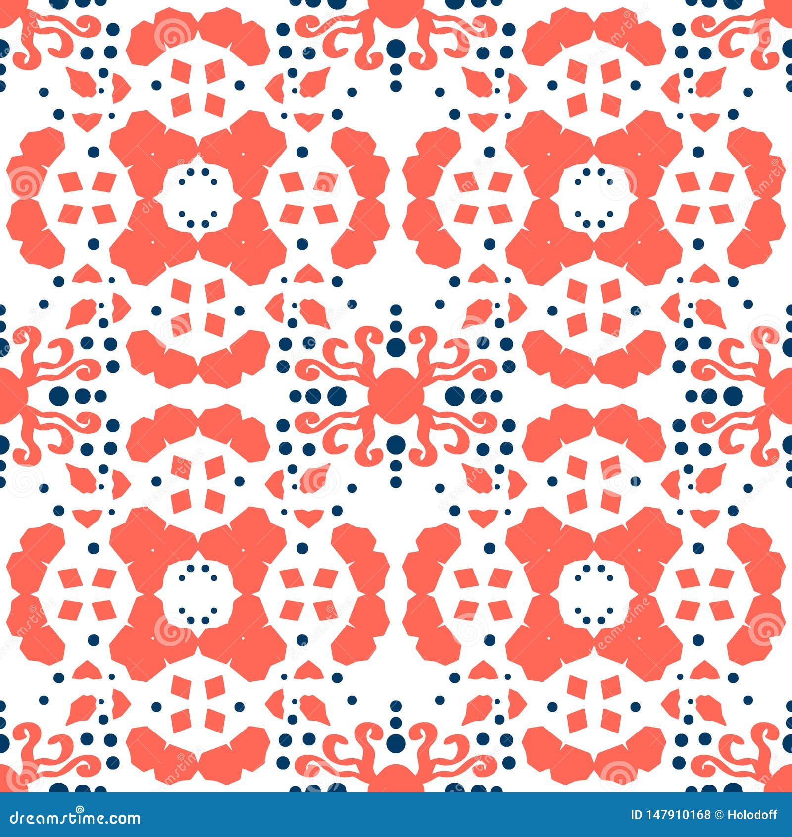 Seamless Tile Ornament In Red Coral And Blue Colors Stock