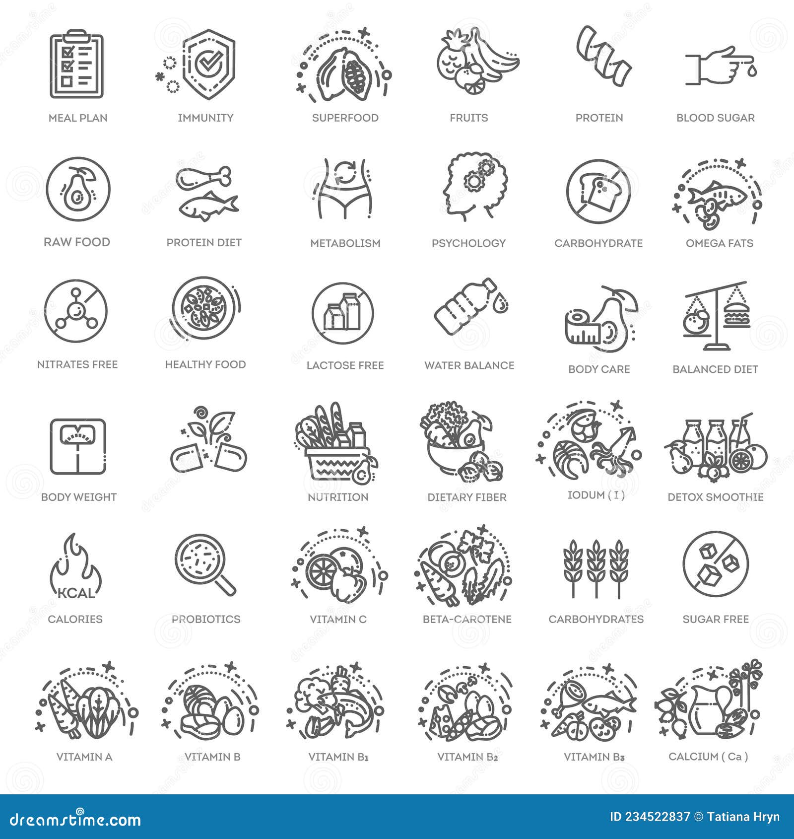 web set of nutrition, healthy food and detox diet  thin line icons
