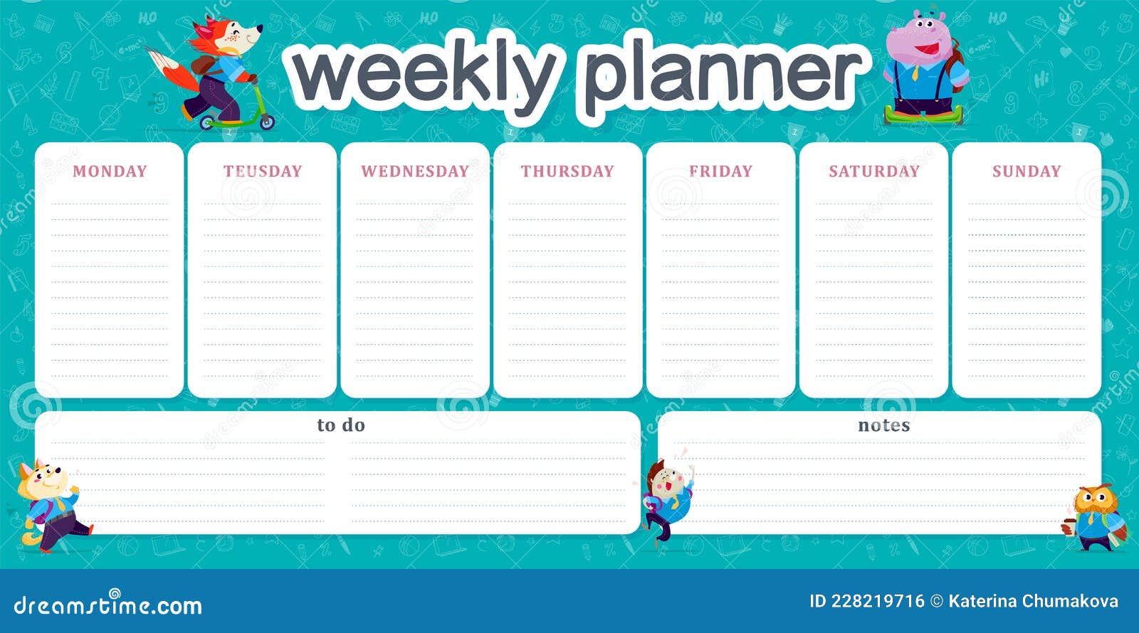 Set of Weekly Planner Page Design Template for Children Calendar. Stock ...