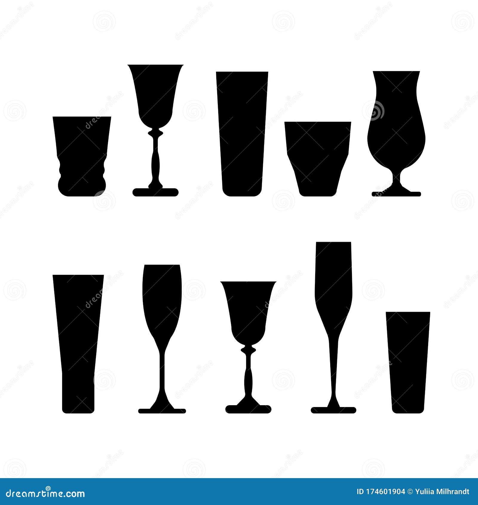Set of Wine Glasses. Black and White Vector Stock Illustration