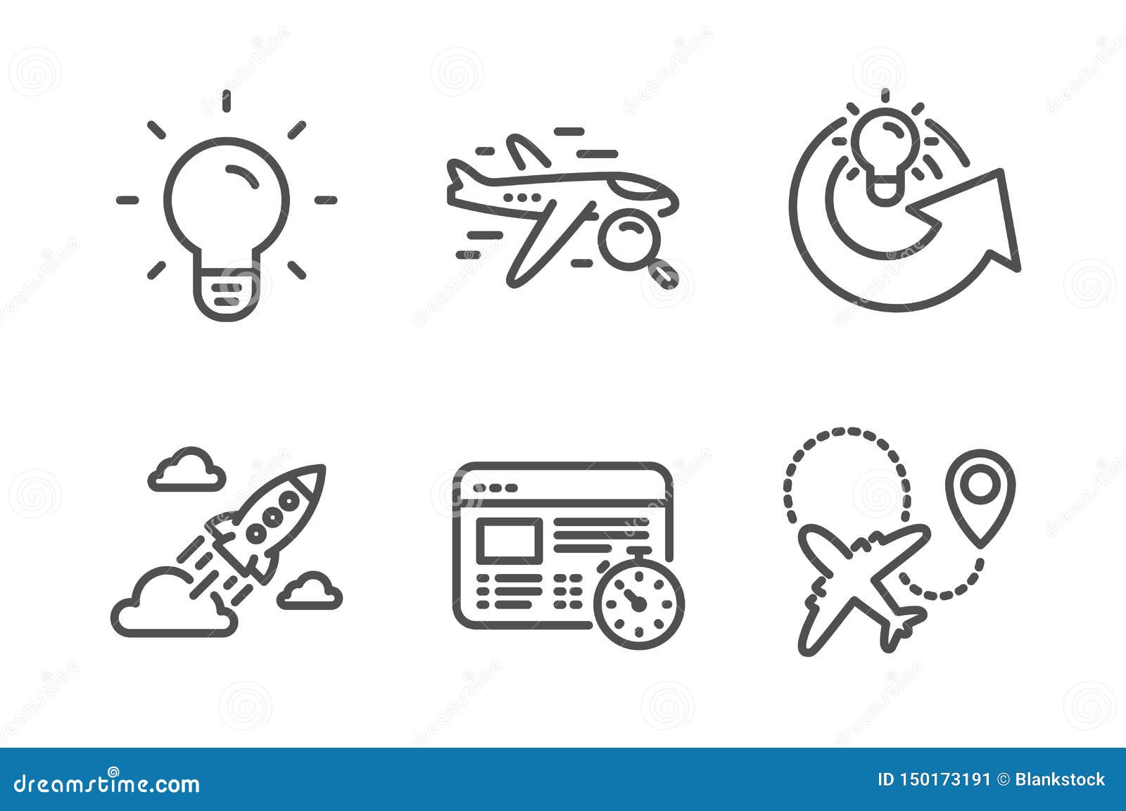 Web Timer, Share and Search Flight Icons Set. Light Bulb, Startup Rocket and Airplane Signs. Vector Stock Vector - of intelligent, business: 150173191
