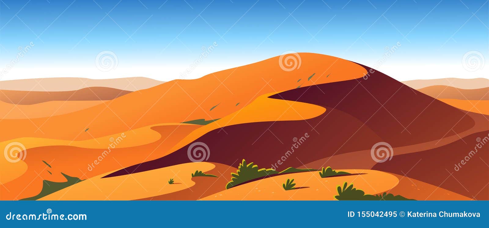  flat landscape minimalistic  of hot desert nature view: sky, dunes, sand, plants.