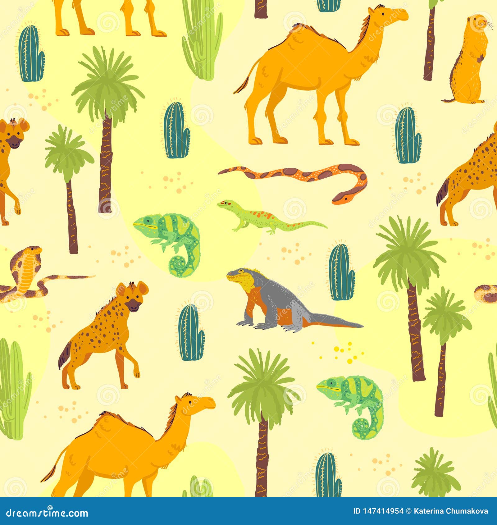 Vector Flat Seamless Pattern With Hand Drawn Desert Animals Reptiles Cactus Palm Trees Isolated On Yellow Background Stock Vector Illustration Of Isolated Africa 147414954