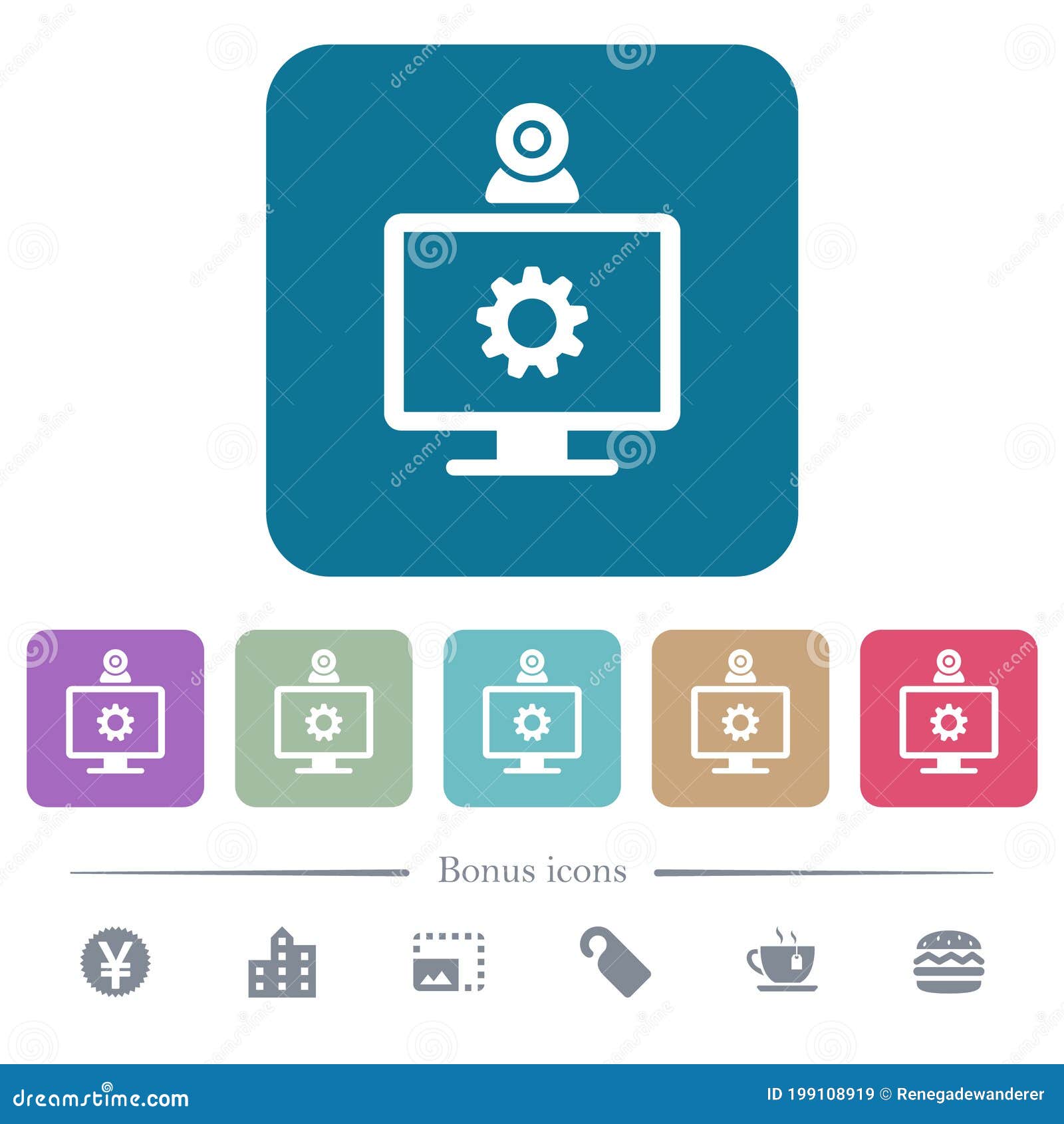 webcam settings flat icons on color rounded square backgrounds