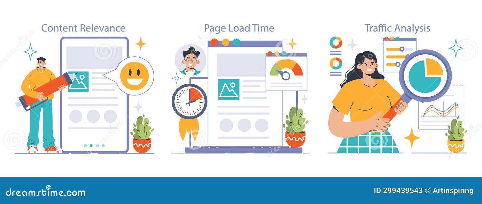 website analysis set. conversion rate and traffic analysis. experts analyzing