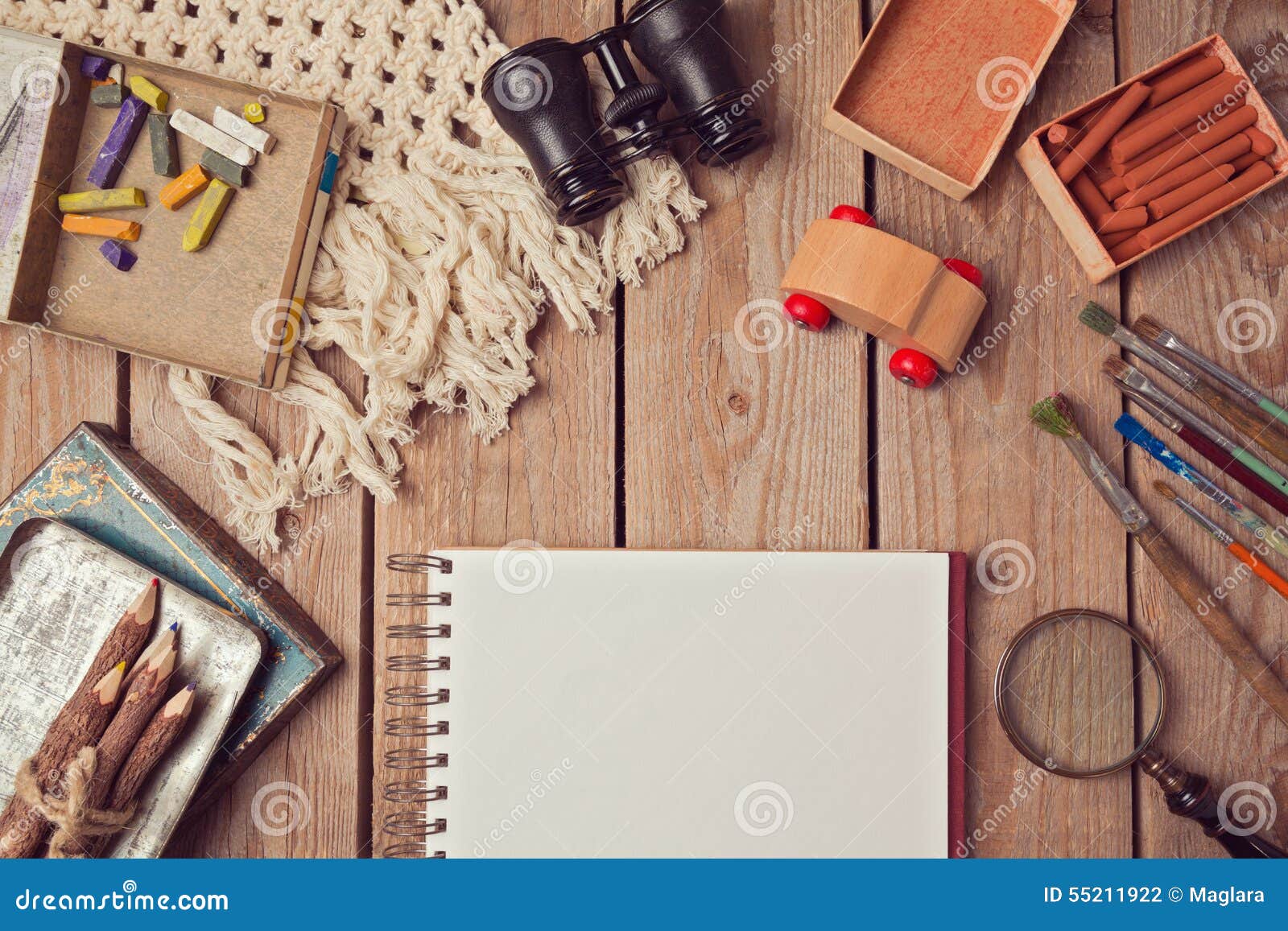 site Header Design with Notebook and Creative Vintage Objects. Stock