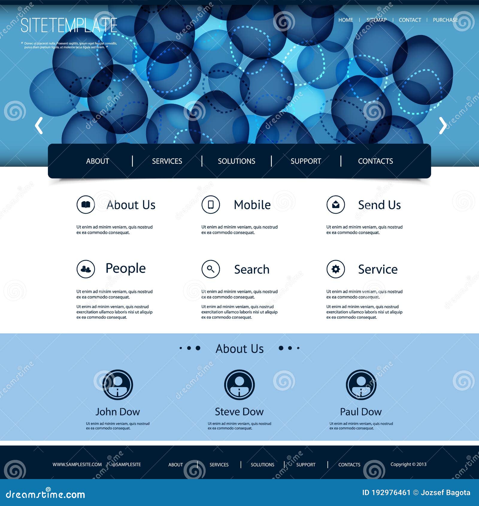 Website Template with Abstract Header Design Bubbles and Rings Stock