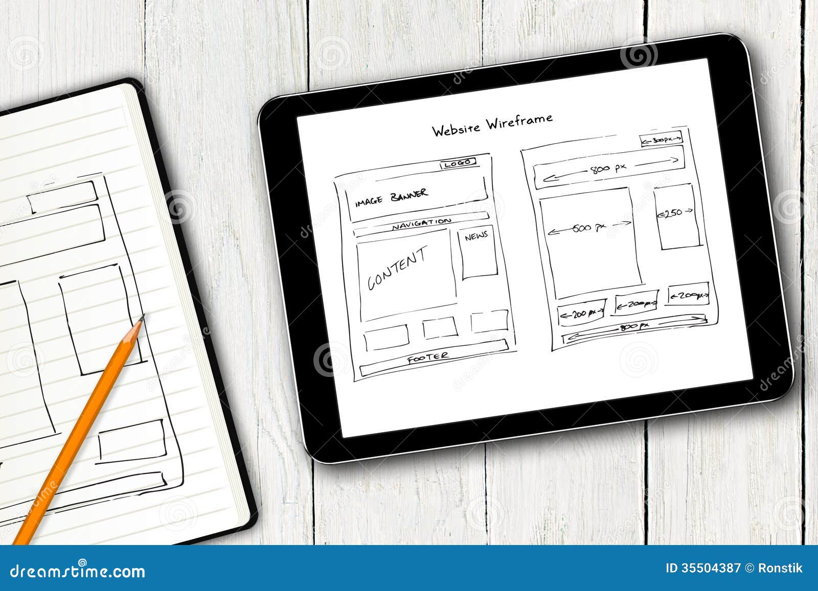 website wireframe sketch on digital tablet screen