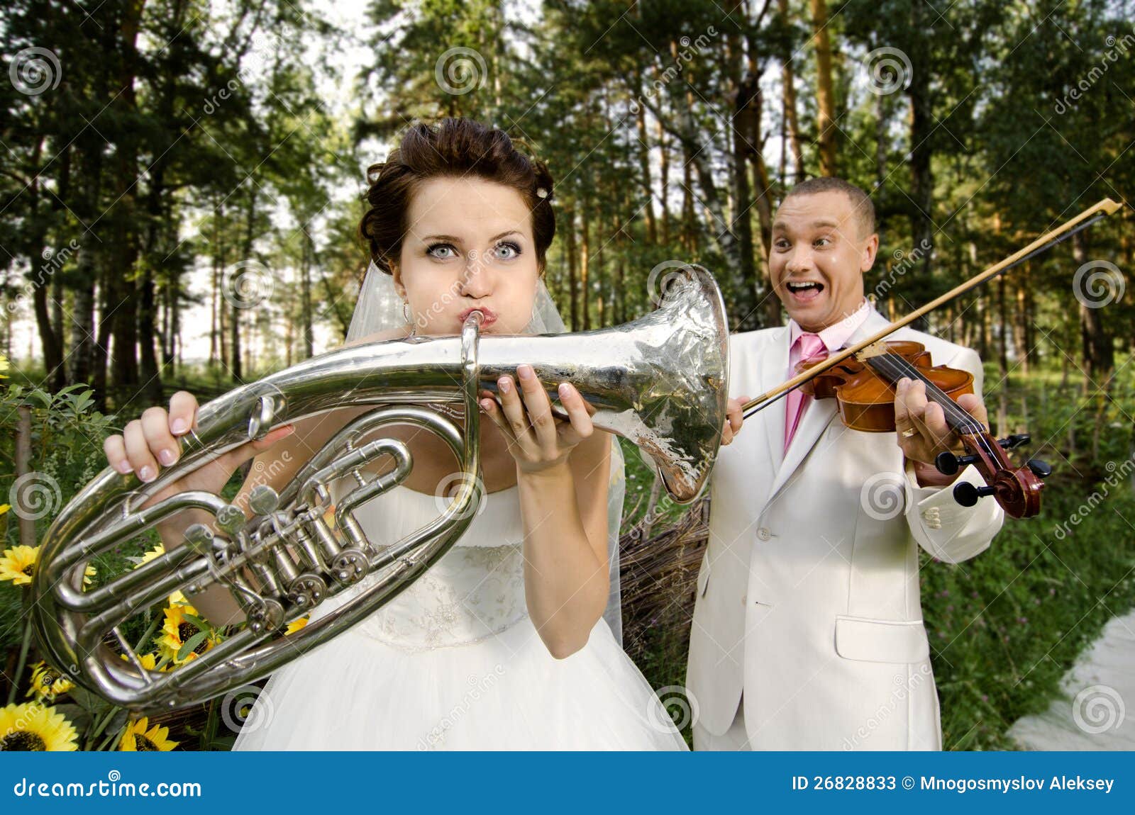 Fiancee blow the trumpet, bridegroom play on violin, wedding humour photo