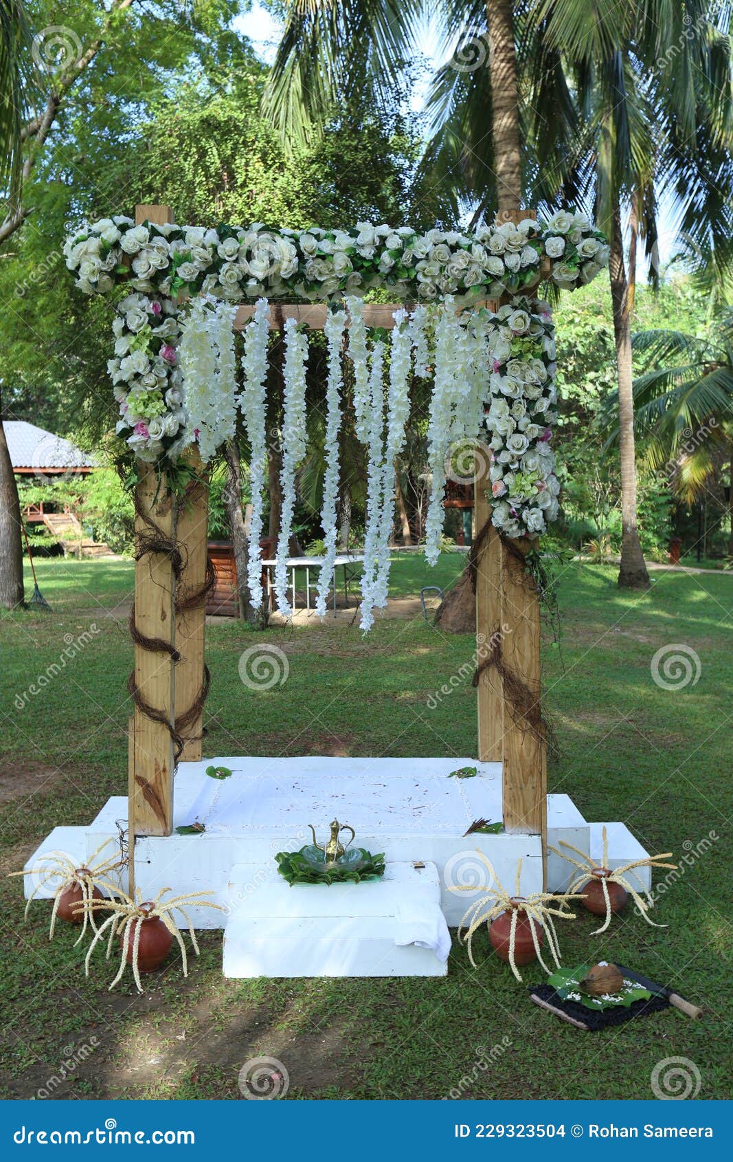 wedding arch poruwa. decorated wooden platform used for traditional sinhalese wedding ceremonies.