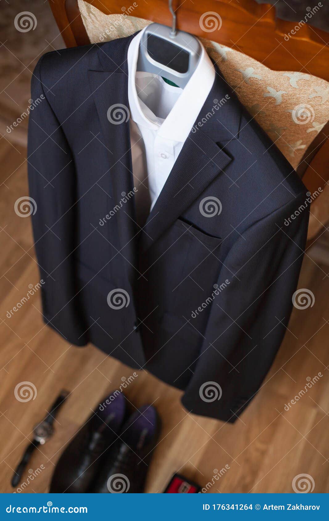 Wedding Black Jacket Hanging on a Chair. Stock Photo Image of design
