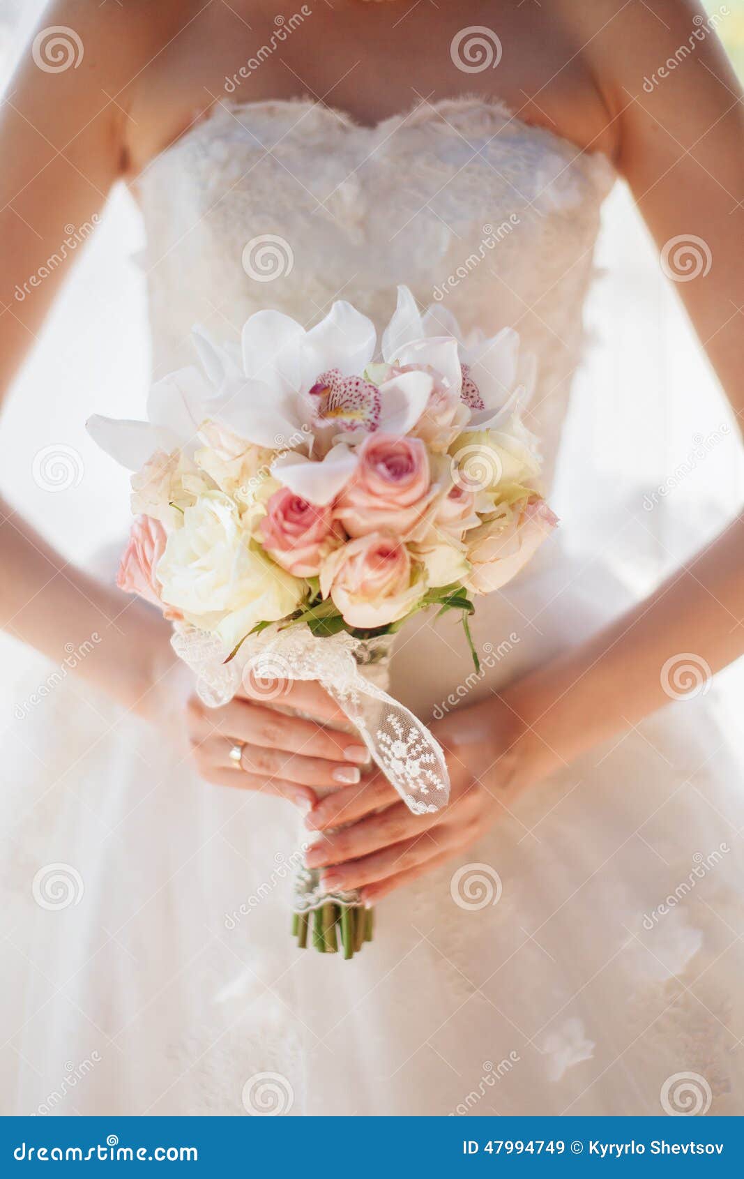 Wedding Bouquet in Bride S Hands with Orchids and Roses Stock Image ...