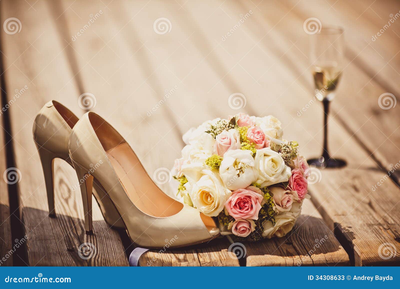 wedding bouquet and bride shoes