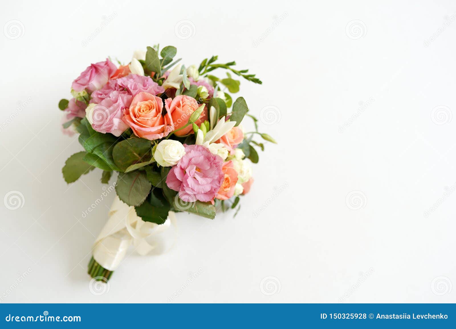Wedding Bouquet with Flowers Roses on a White Background with Copy