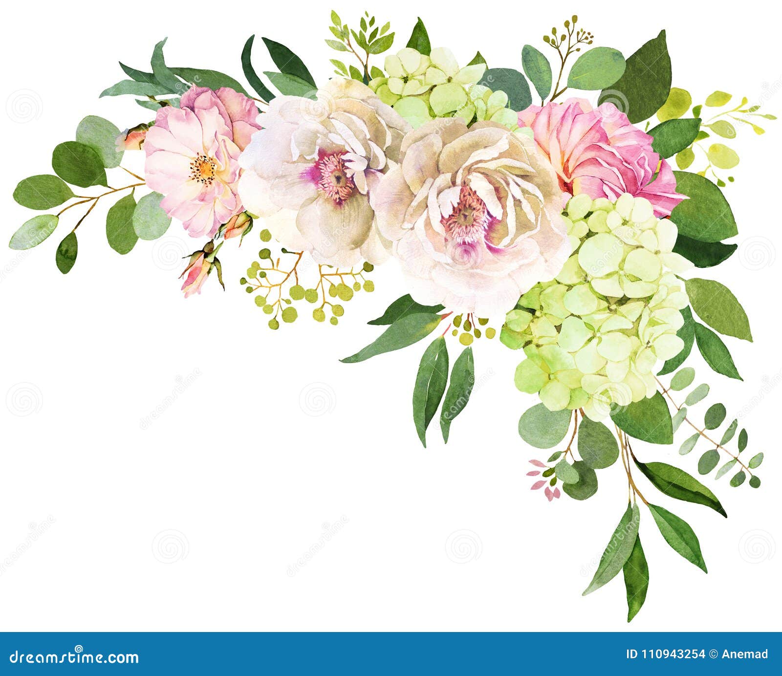 Wedding Bouquet. Peony, Hydrangea and Rose Flowers Watercolor Il Stock  Illustration - Illustration of colorful, peony: 110943254