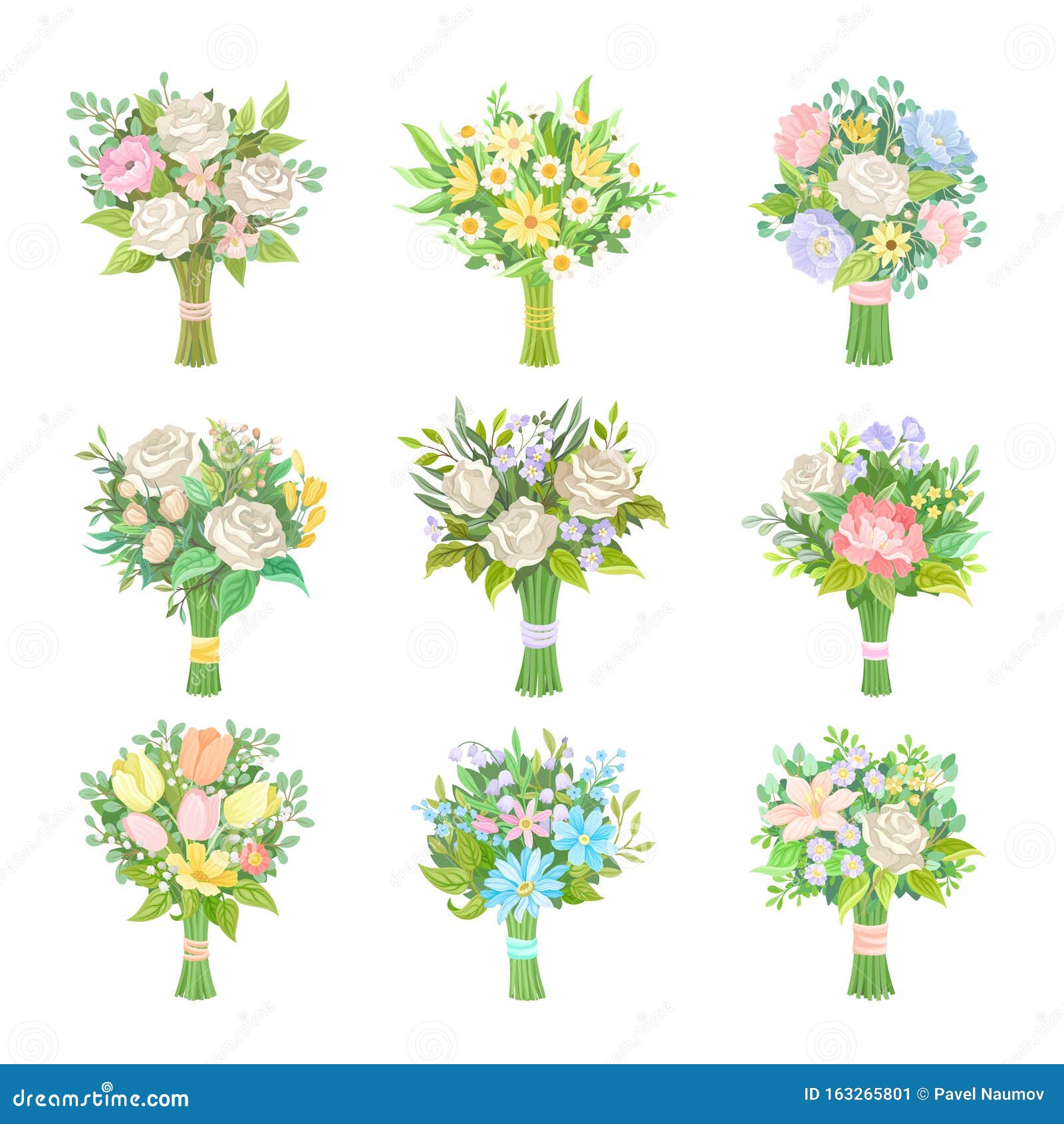 Wedding Bouquets Vector Illustrated Set Magnificent Flower Bunch Stock