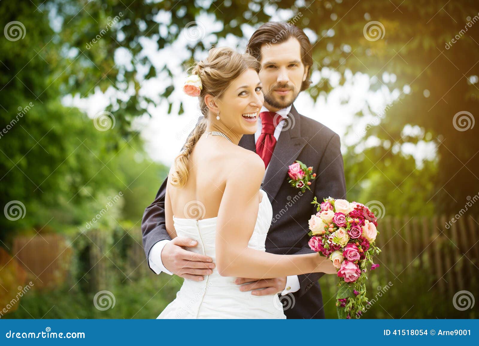 wedding bride and groom in a meadow