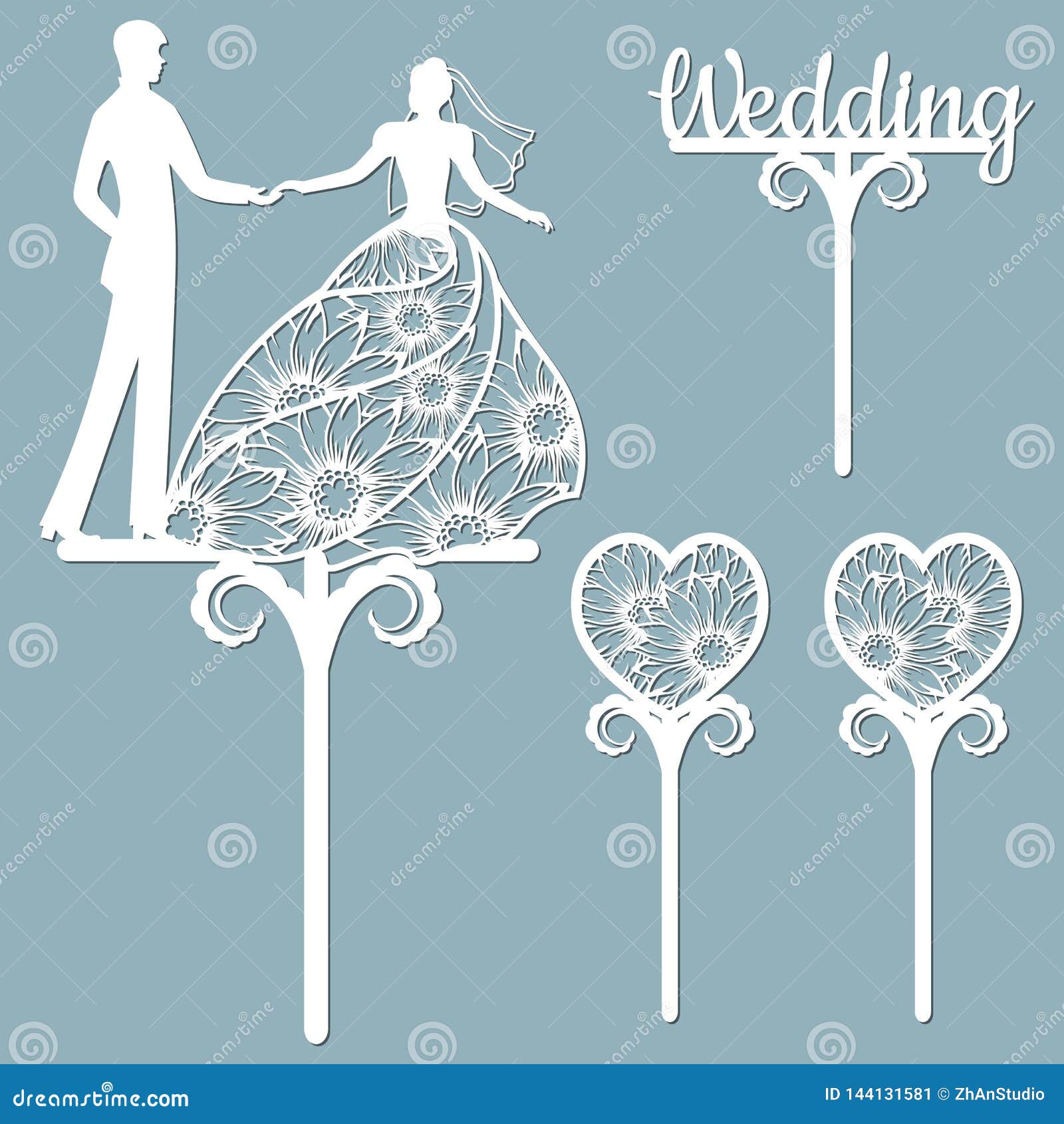 wedding cake topper for laser or milling cut.  graphics. patterns for cutting. dance, flowers, dress