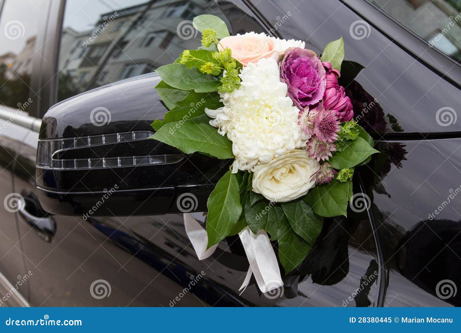 Flower Bouquet As Decoration On Wedding Car High-Res Stock Photo