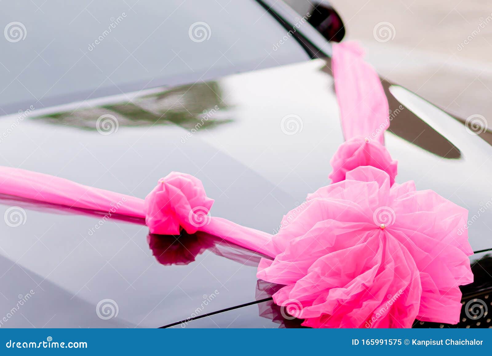 White wedding car decorated with roses flowers and pink bow. wall mural •  murals honeymoon, expensive, elegance